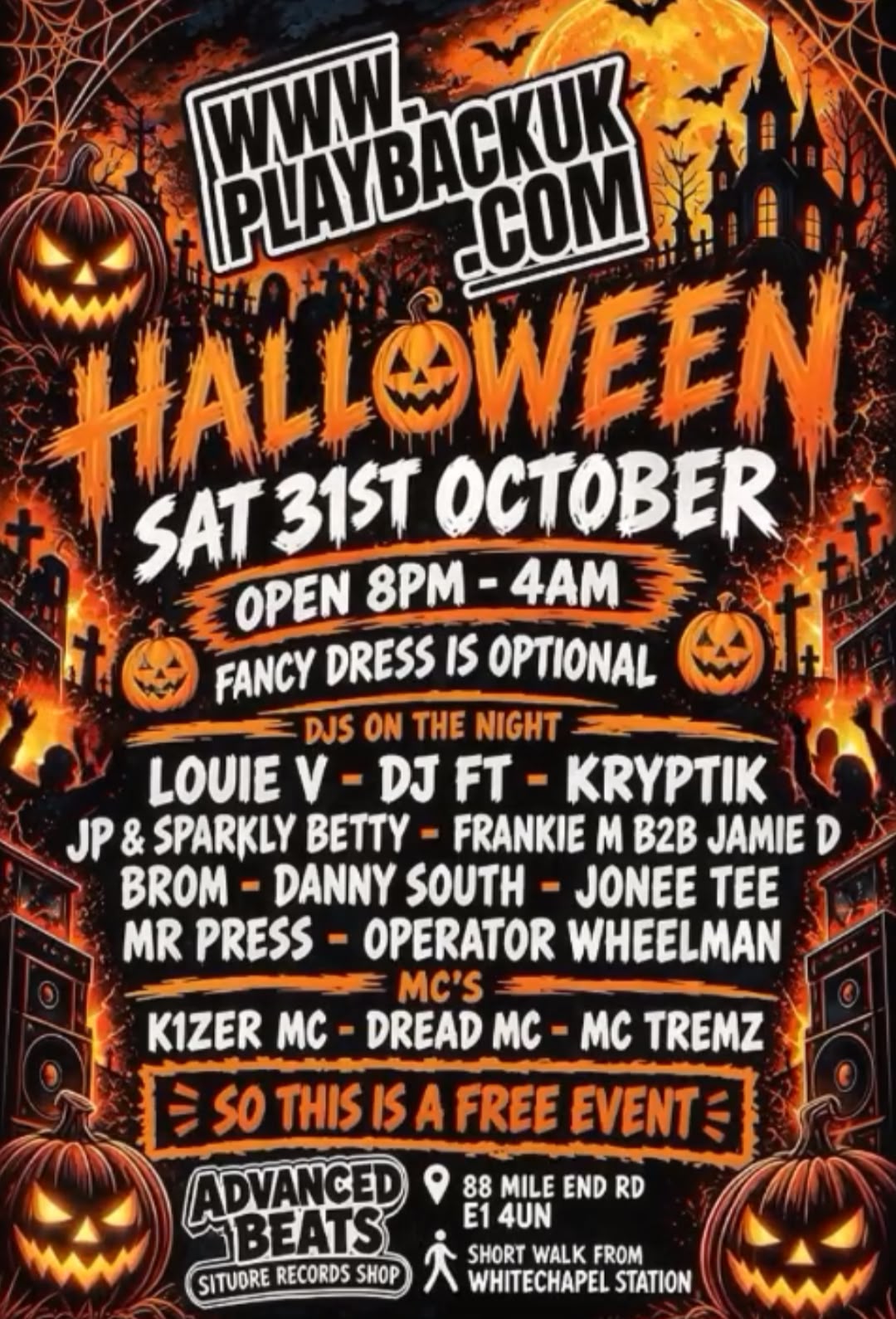 Playback UK Halloween flyer for Saturday 31 October 2026 at Advanced Beats