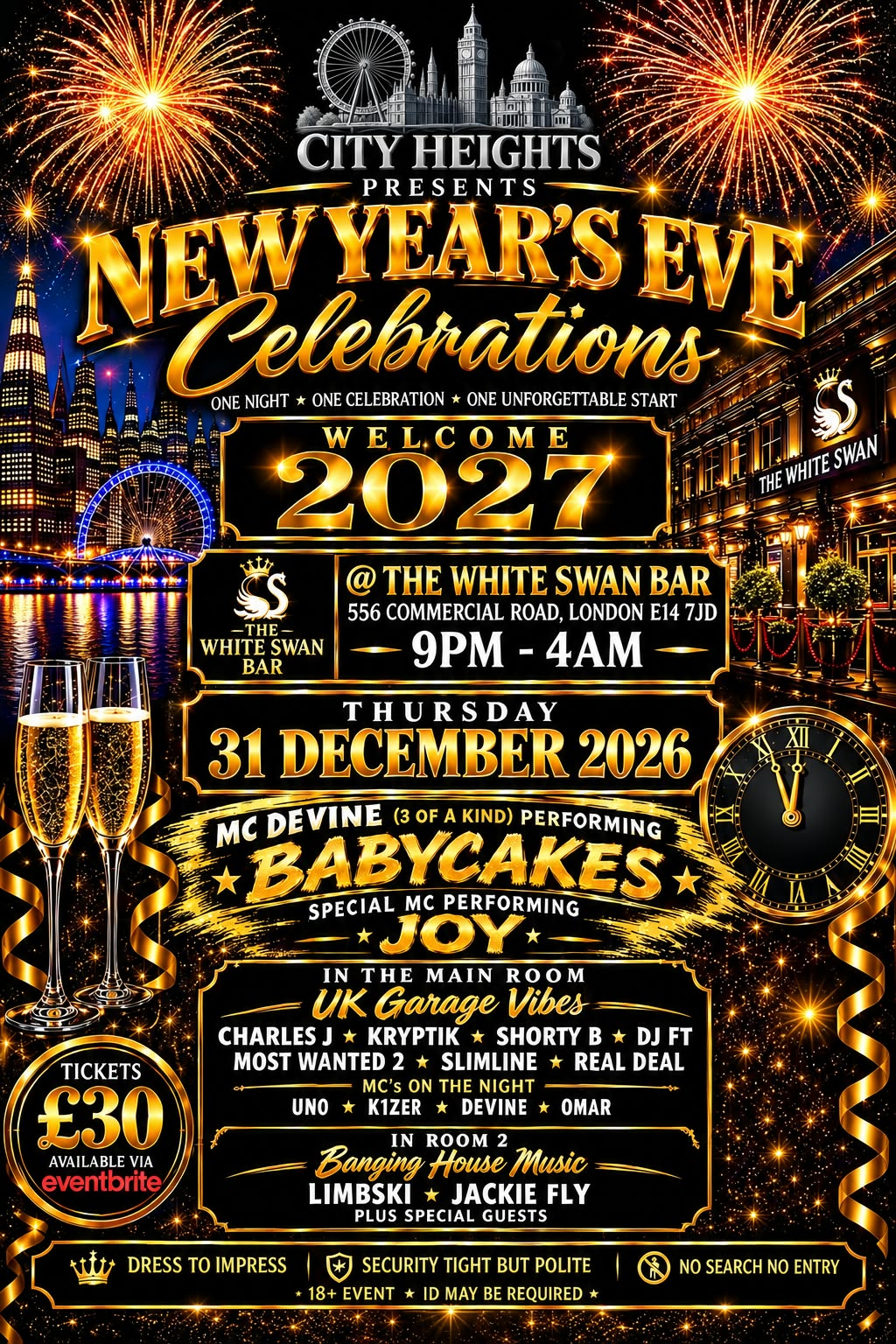 City Heights New Year's Eve Celebrations flyer for Thursday 31 December 2026 at The White Swan Bar