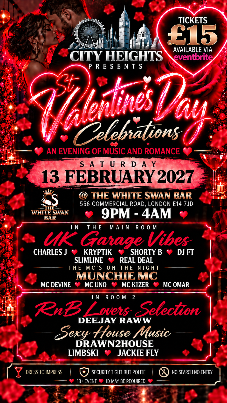 City Heights St Valentines Day Celebrations flyer for Saturday 13 February 2027 at The White Swan Bar